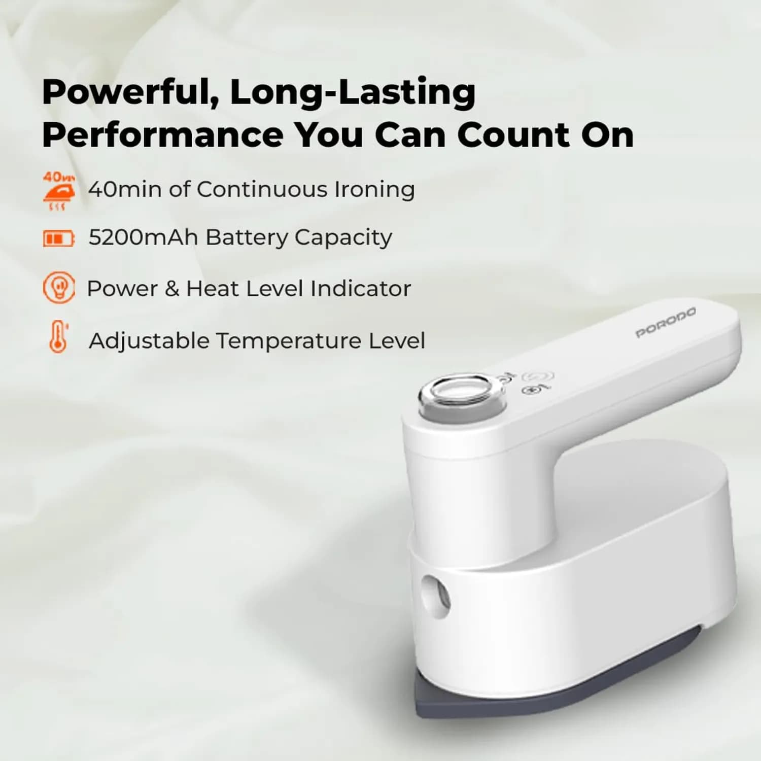 Porodo Steam Iron Heatplus - Cordless 5200mAh, White 3