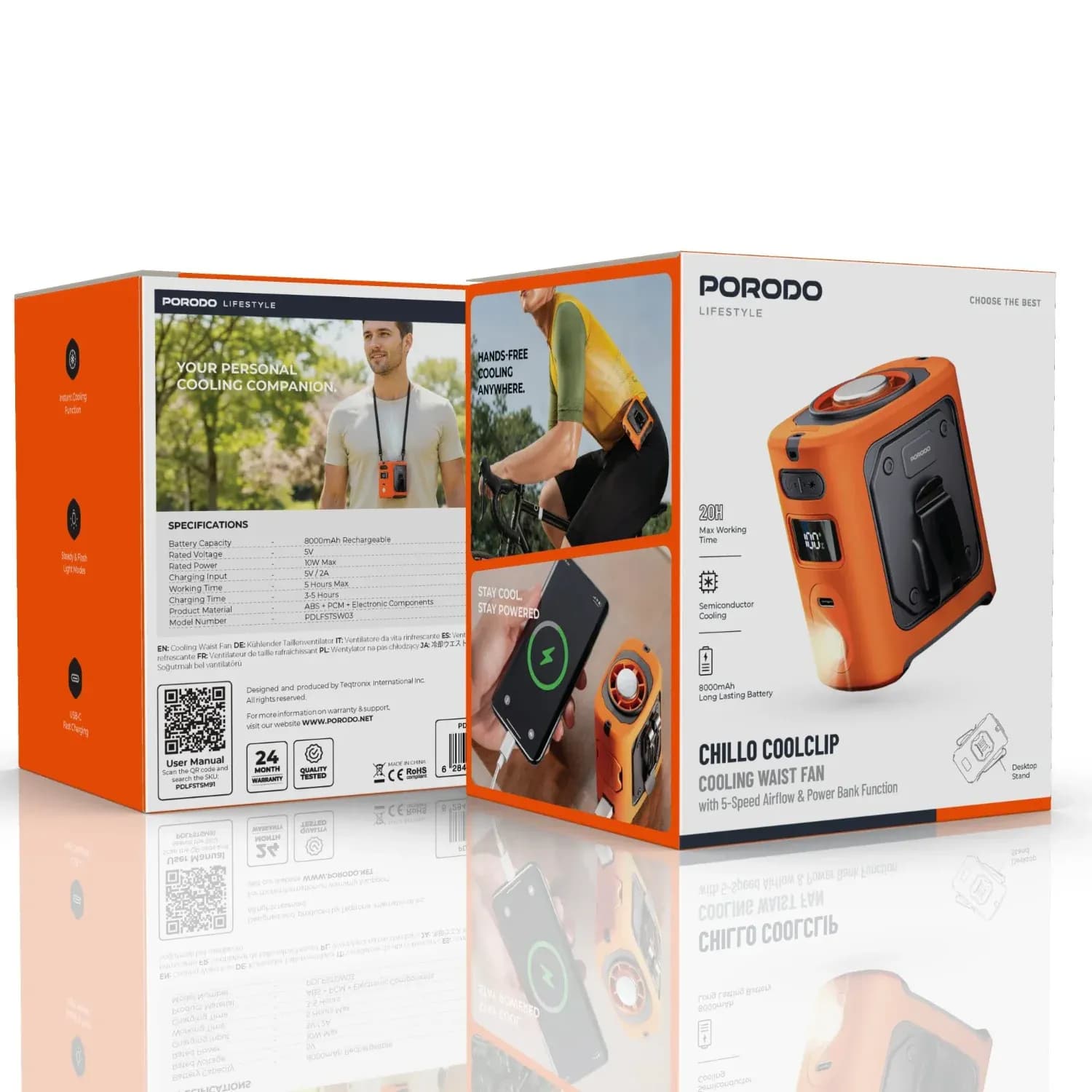Porodo Cooling Waist Fan Chillo Coolclip - 5-Speed, Orange 6