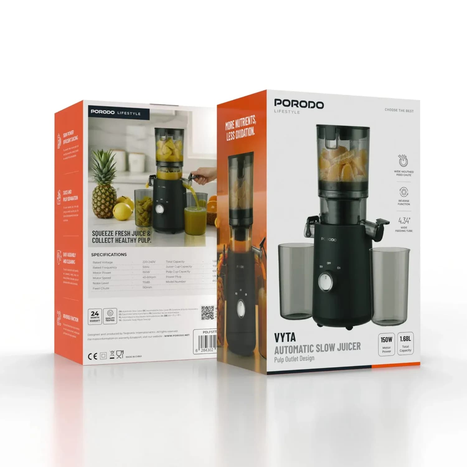 Porodo Slow Juicer VYTA - Automatic, 150W, Black 5