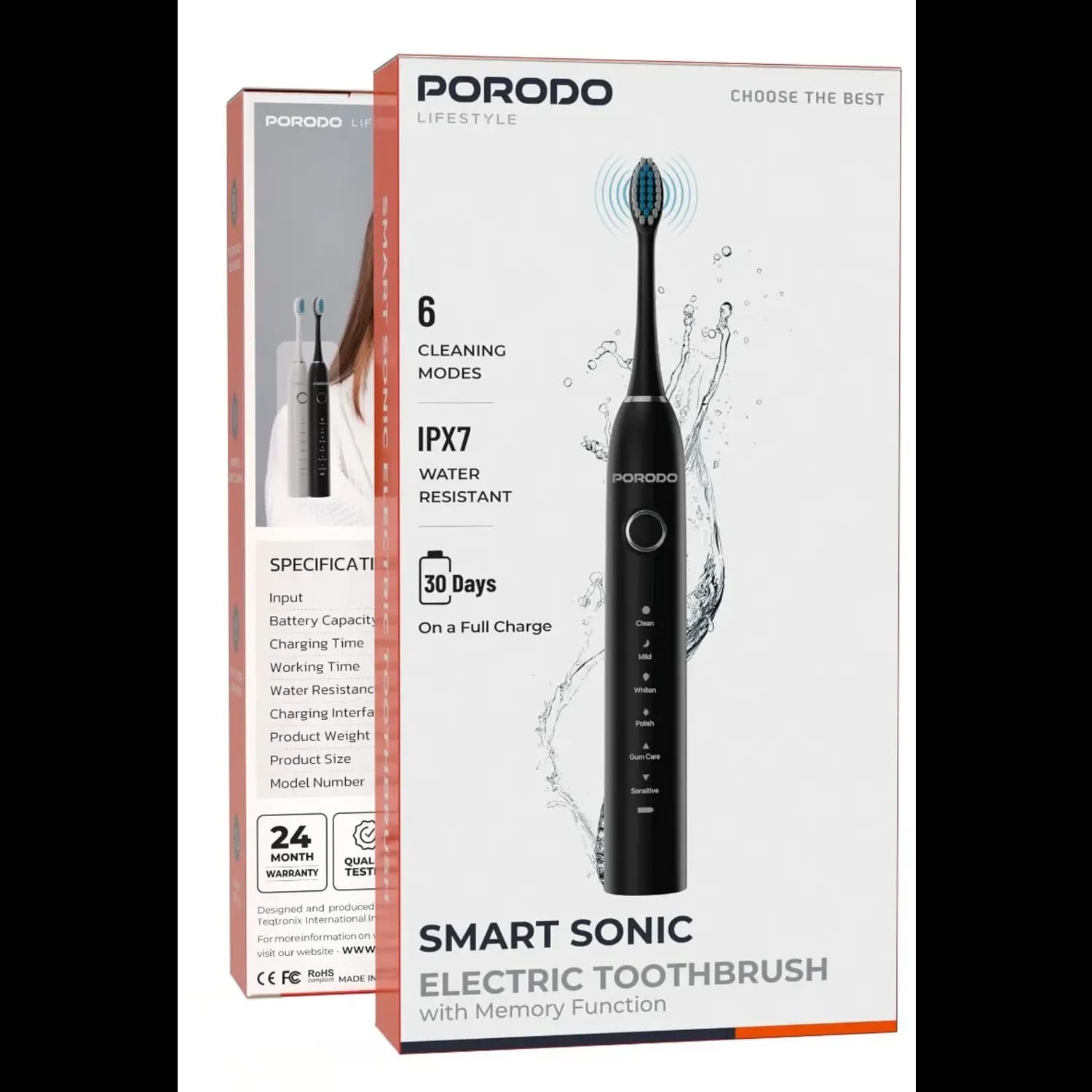 Porodo Electric Toothbrush - Sonic, 6 Modes, Black — White 3