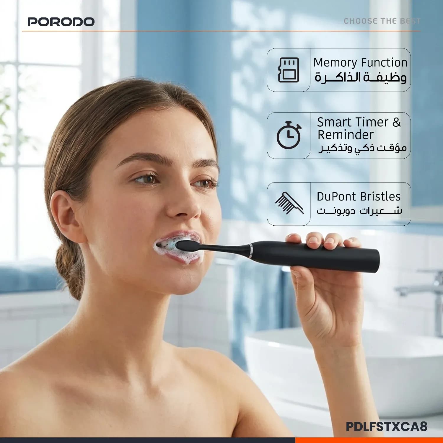 Porodo Electric Toothbrush - Sonic, 6 Modes, Black — White 4