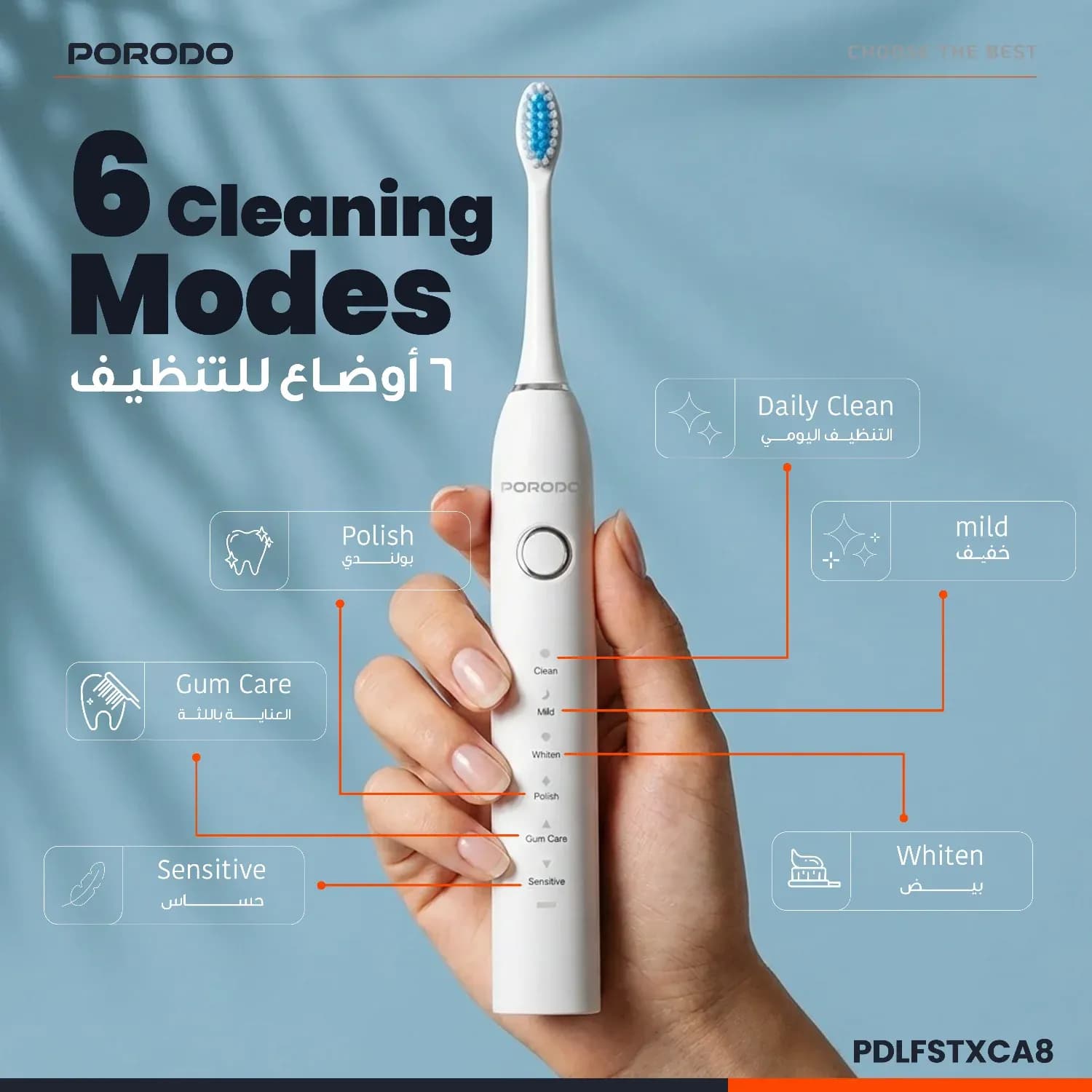 Porodo Electric Toothbrush - Sonic, 6 Modes, Black — White 5