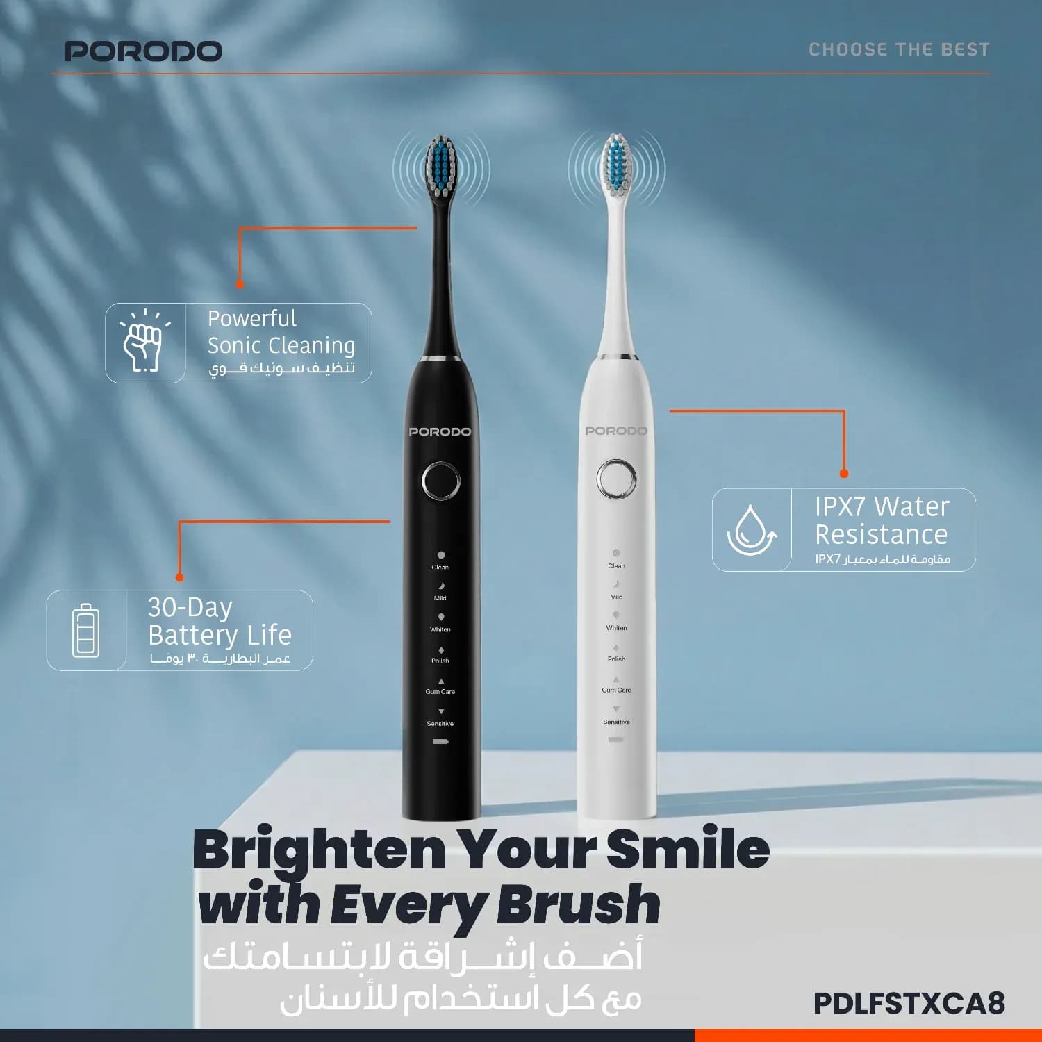 Porodo Electric Toothbrush - Sonic, 6 Modes, Black — White 6
