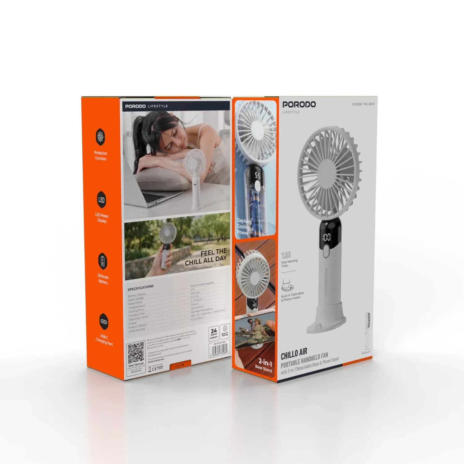 Porodo Handheld Fan Chillo Air - 2-in-1 Base & Phone Stand, White — White 5