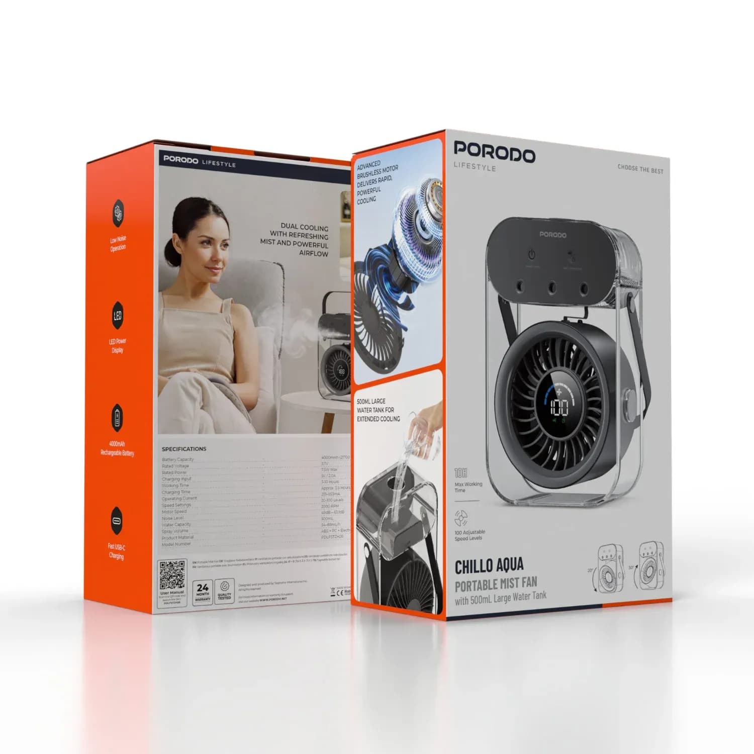 Porodo Portable Mist Fan Chillo Aqua - 500mL Tank, Black 6