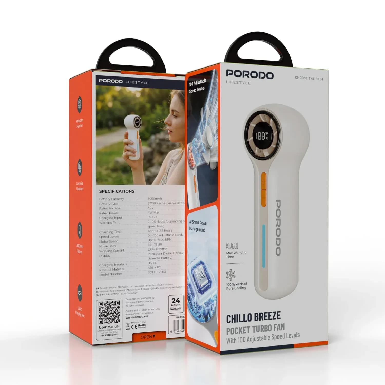 Porodo Pocket Turbo Fan Chillo Breeze - 100 Speed Levels, Beige 6