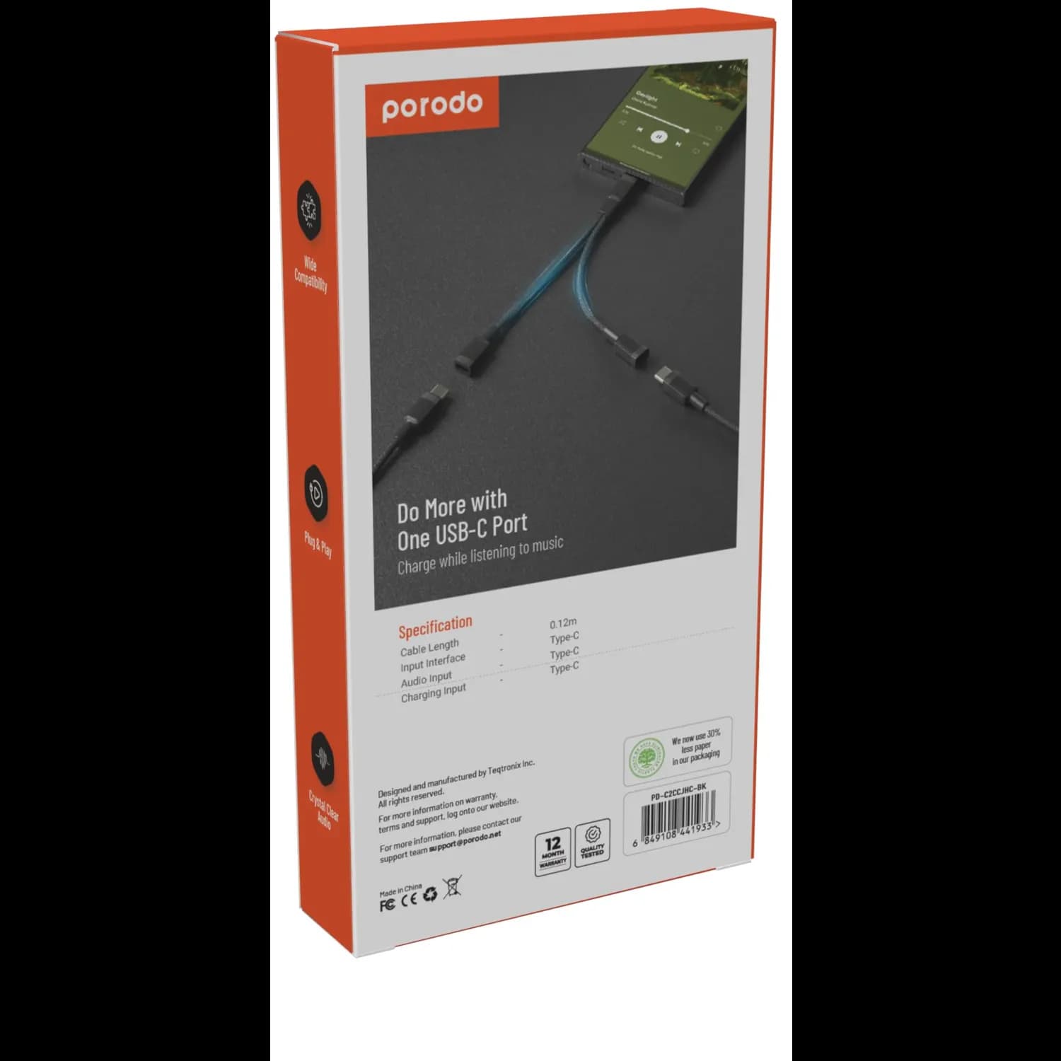 Porodo Lightning Adapter PD-C2CCJHC-BK - 2-in-1 Headphone & Charging, Black 2