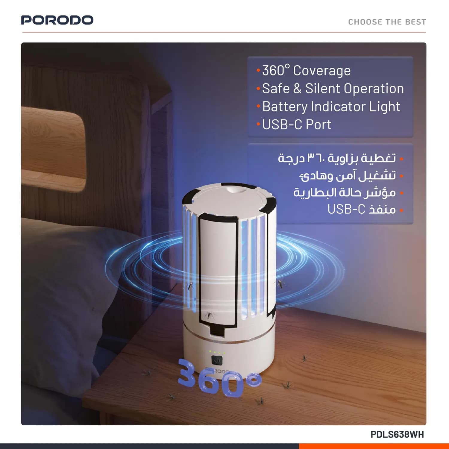 Porodo Insect Killer Lamp - 2-in-1 UV Bug Zapper, 4000mAh, White 3