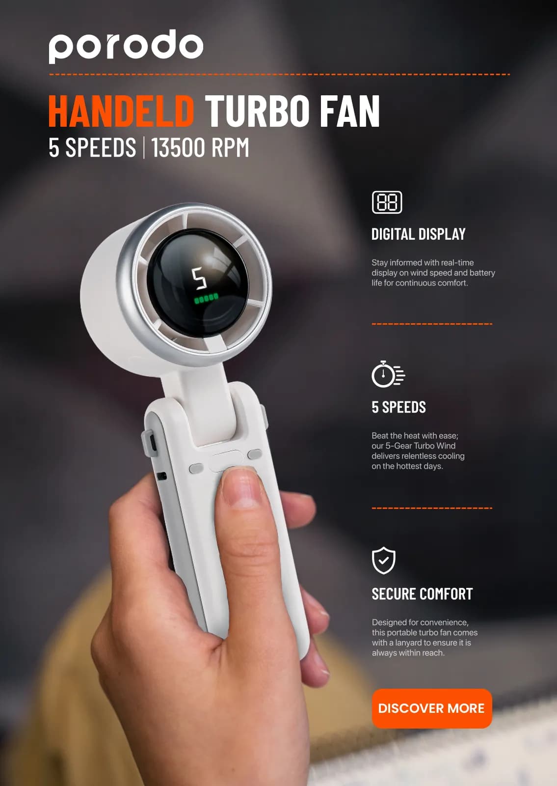 Porodo LifeStyle 3 in 1 Multi-Functional 180° Foldable Handheld Turbo Fan - White 2
