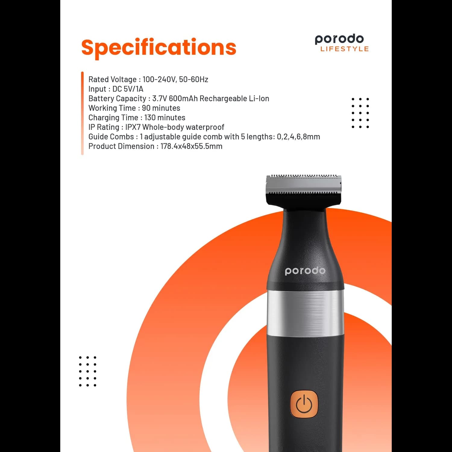 Porodo Beard & Body Trimmer - Dual Blade, Waterproof, Black 3