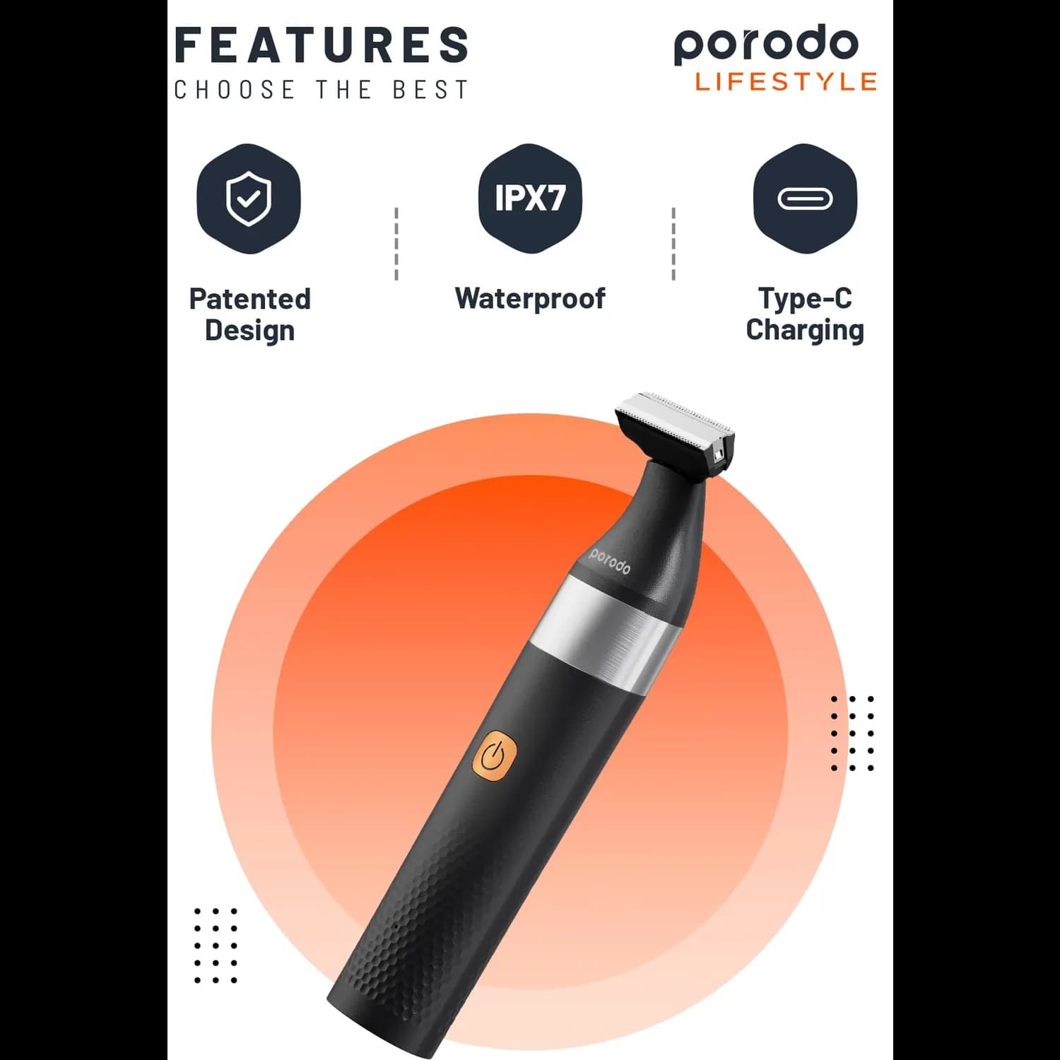 Porodo Beard & Body Trimmer - Dual Blade, Waterproof, Black 4