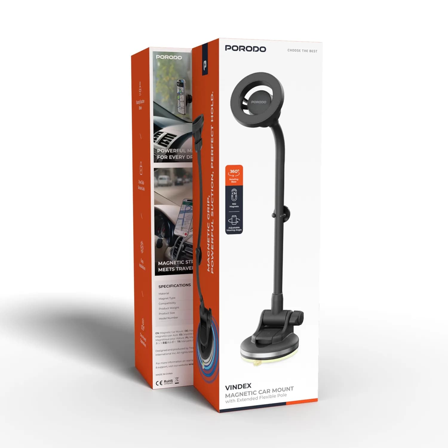 Porodo Magnetic Car Mount - Flexible Pole, Black 5
