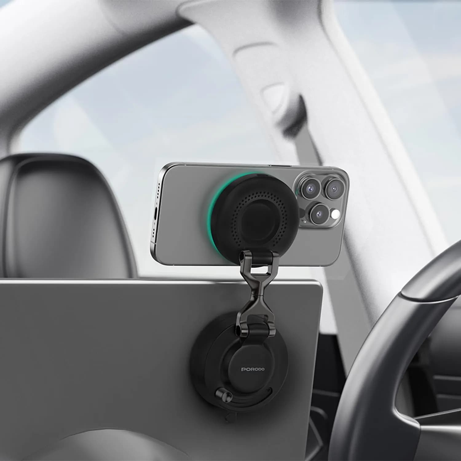 Porodo Car Wireless Charger PDMG29 - 25W Qi2 Magnetic Mount, Black 2