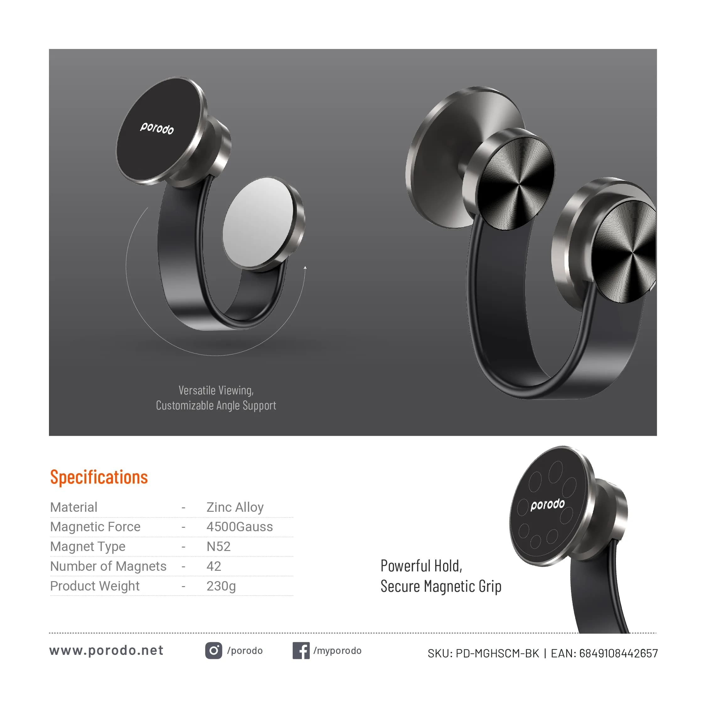 Porodo Magesafe N52 Magnetic Car Mount - Black 4
