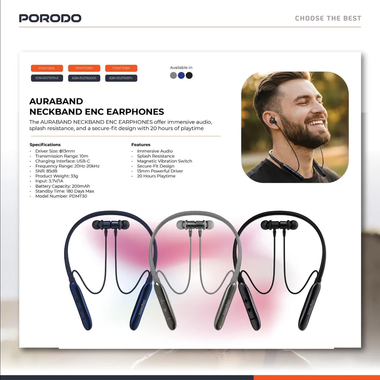 Porodo Wireless Headphones Soundtec AURABAND - 20H Playtime, Blue 3