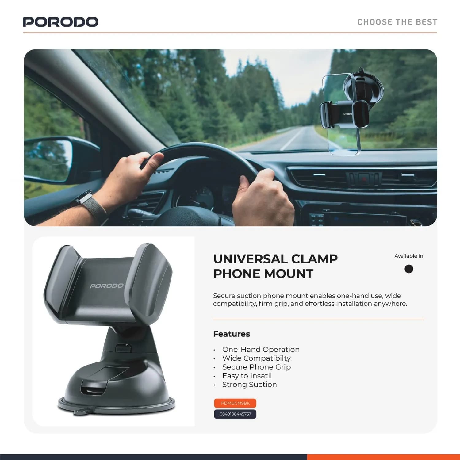 Porodo Phone Mount - Universal Clamp, 360° Rotation, Black 3