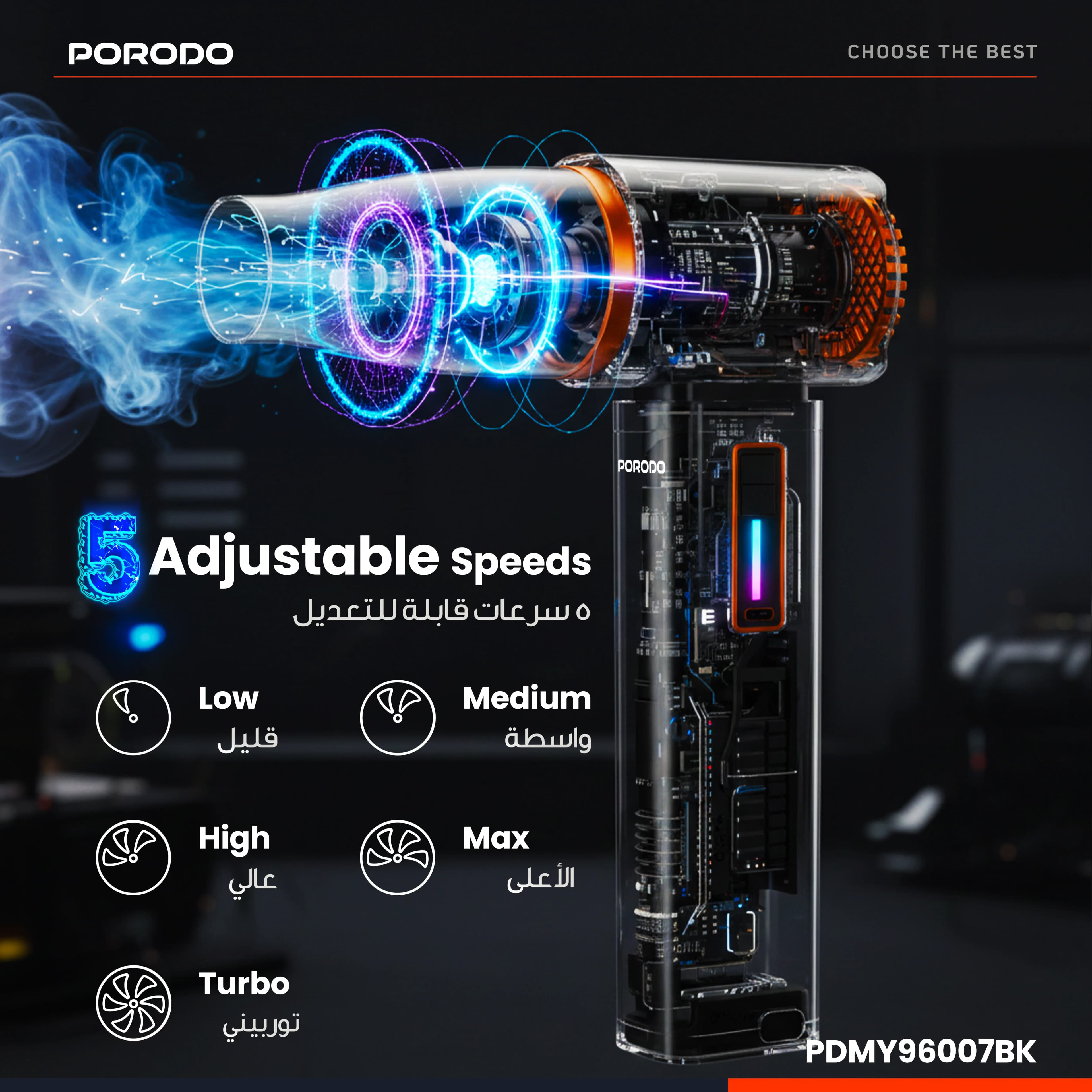 Porodo Turbo Blower Fan PDMY96007BK - 70000 RPM, Black 2
