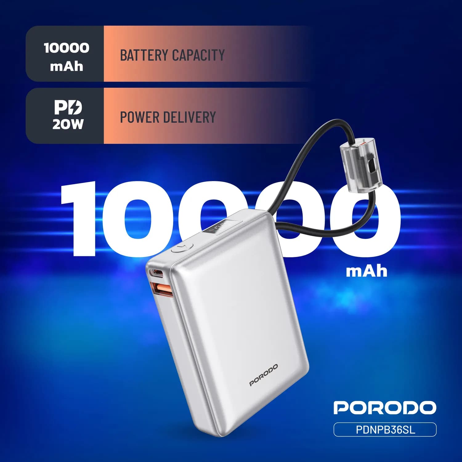 Porodo Power Bank Petite - 10000mAh, Type-C & Lightning, Silver 2