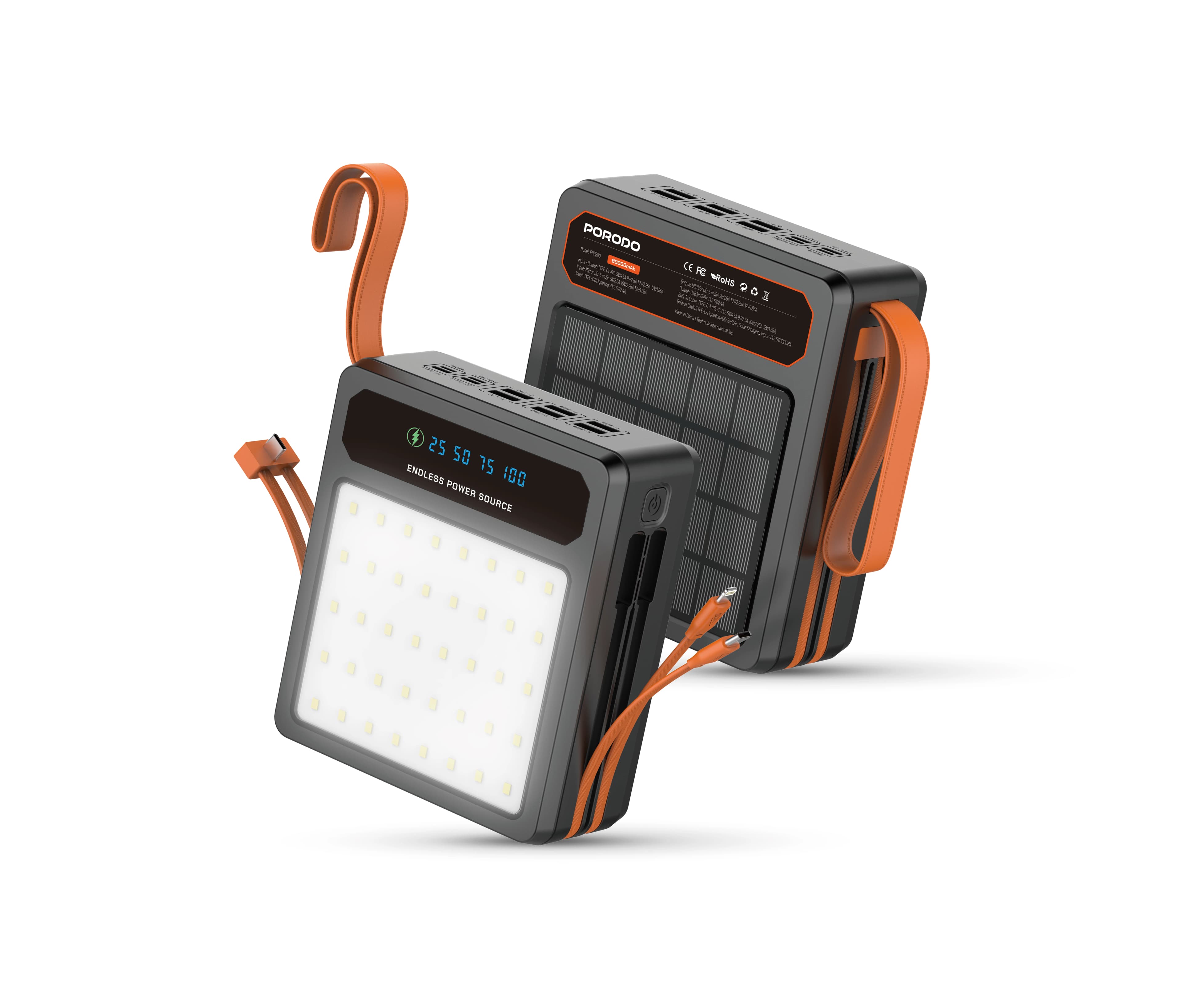 Porodo Solar Power Bank LAROS PDPB80BK - 80000mAh, Black 1 Porodo Solar Power Bank LAROS PDPB80BK - 80000mAh, Black 1