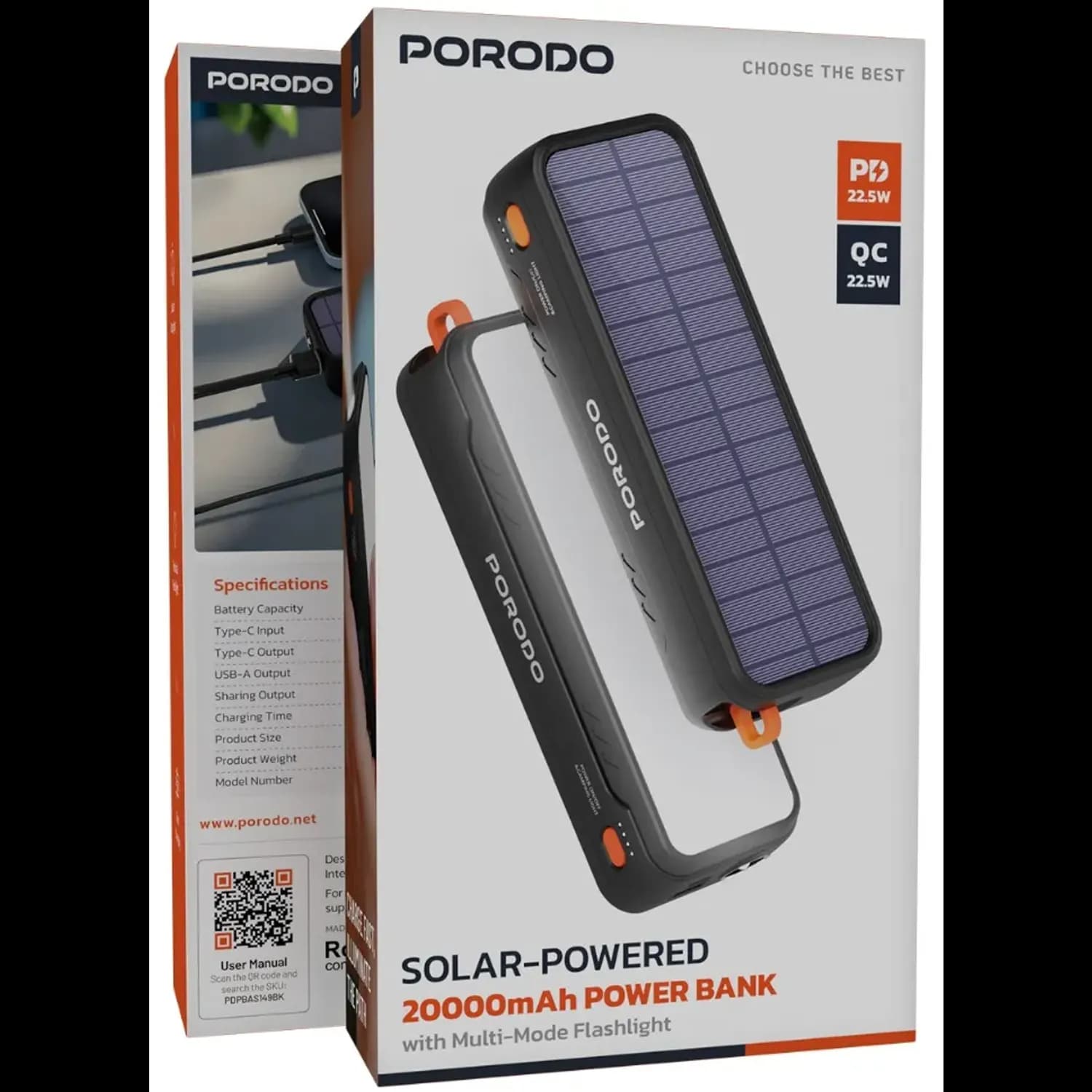 Porodo Solar 20000mAh Power Bank, - Black 2