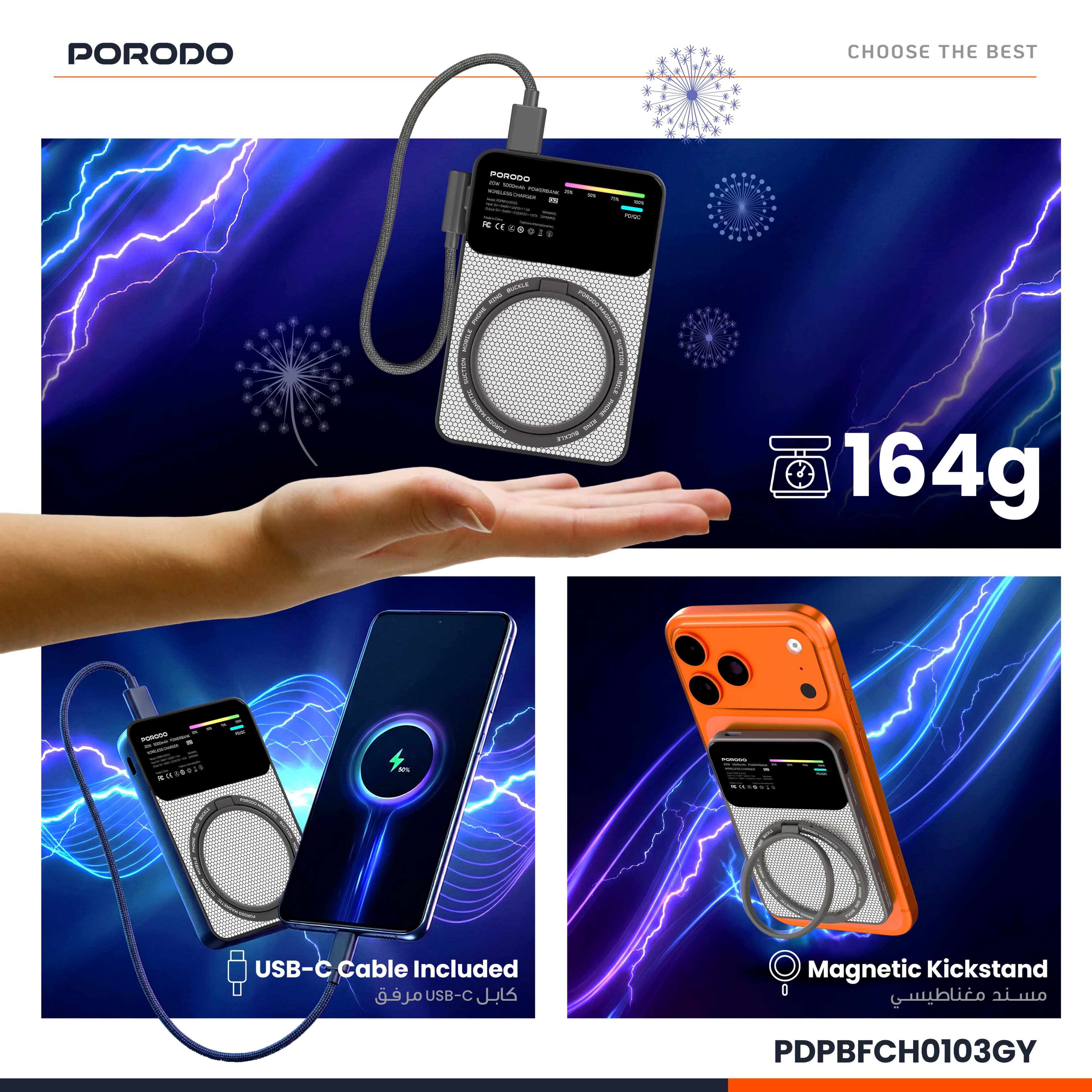 Porodo Power Bank YAS 5000mAh - MagSafe Qi2, PD 20W, Gray 4