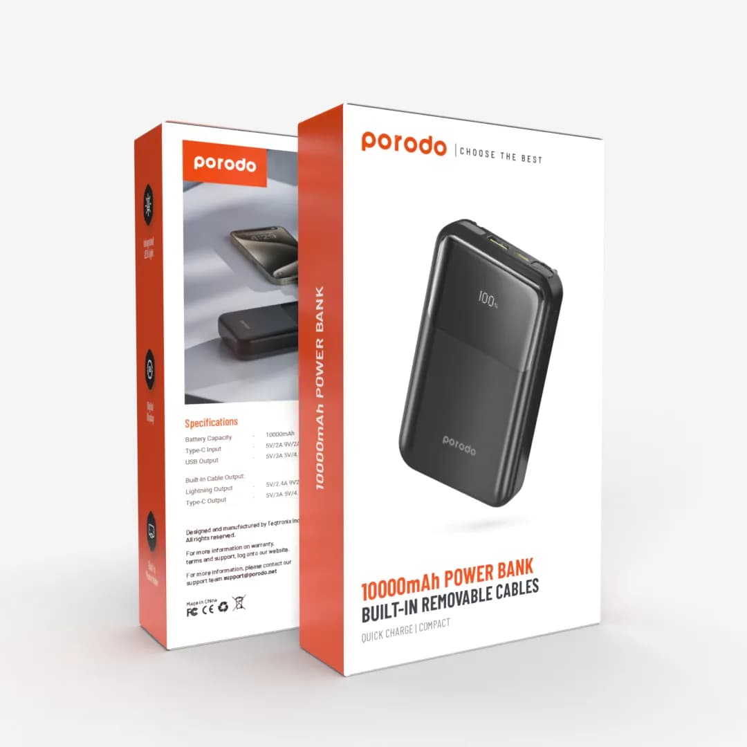 Porodo 10000 mAh 18W Powerbank with Type C and Lightning Cable - Black 1 Porodo 10000 mAh 18W Powerbank with Type C and Lightning Cable - Black 1