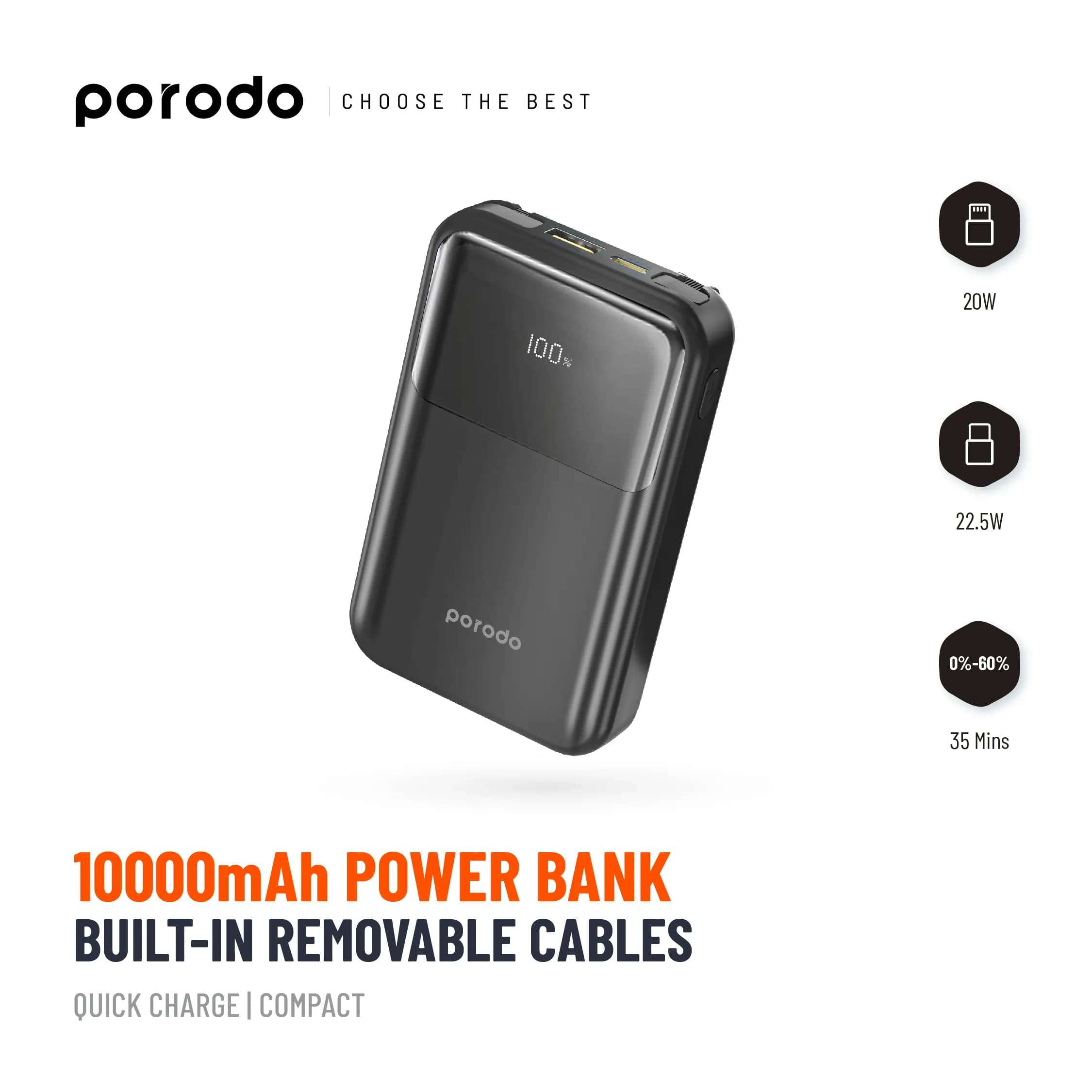Porodo 10000 mAh 18W Powerbank with Type C and Lightning Cable - Black 2
