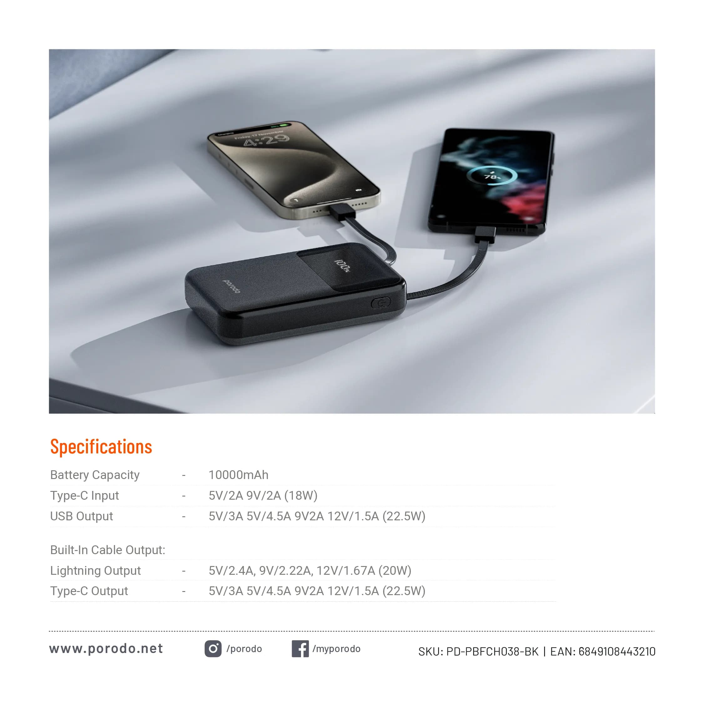 Porodo 10000 mAh 18W Powerbank with Type C and Lightning Cable - Black 3
