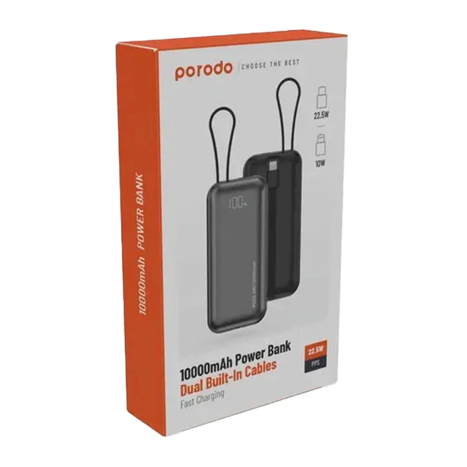 Porodo 10000mAh Power Bank Dual Built-In Cables Fast Charging - Black 4