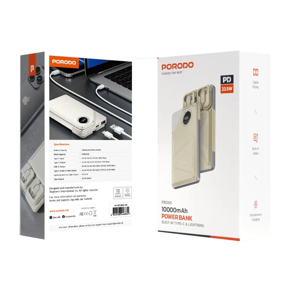 Porodo 10000mAh Power Bank Built-In Type-C & Lightning - White 3