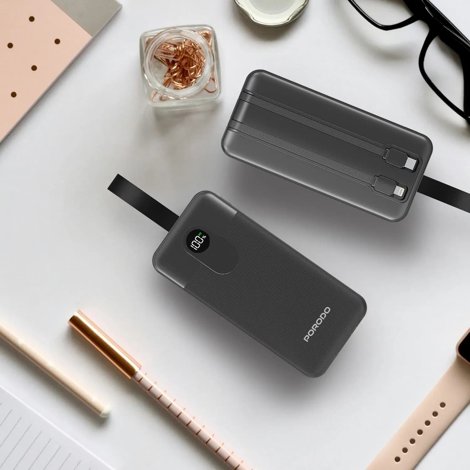 Porodo Power Bank - 50000mAh, Integrated Cables, Black 3