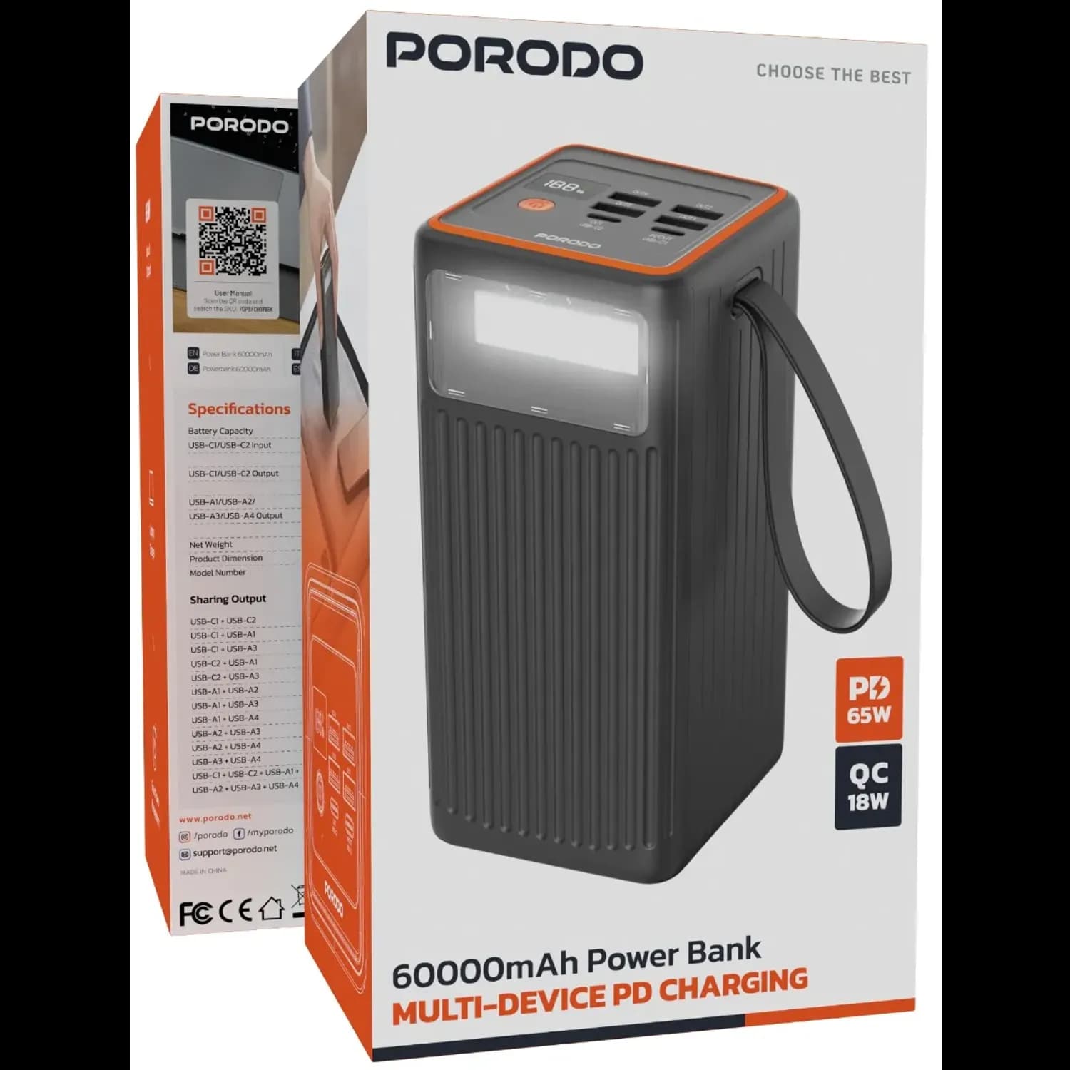 Porodo Power Bank 60000mAh PD 65W - Multi-Device, Black 5