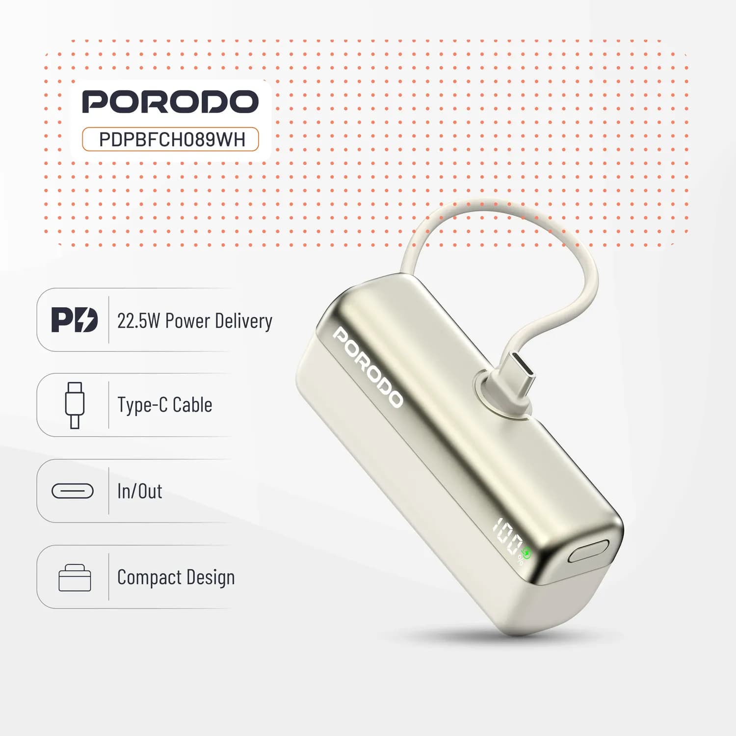 Porodo Power Bank Pocket Volt - 5000mAh, Black/White/Green — Titanium White 2