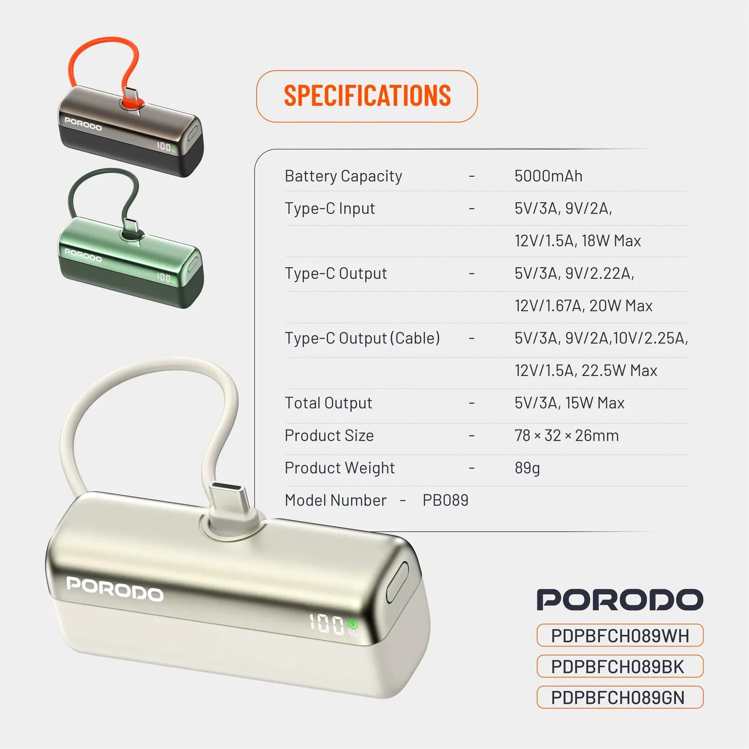 Porodo Power Bank Pocket Volt - 5000mAh, Black/White/Green — Titanium White 3