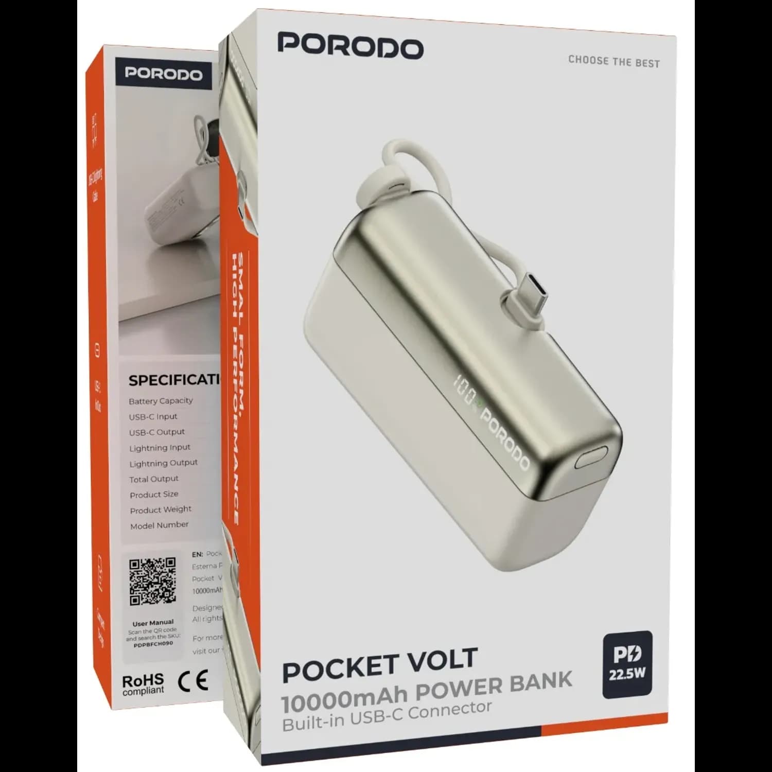 Porodo Power Bank Pocket Volt - 10000mAh, Black or White — White 3