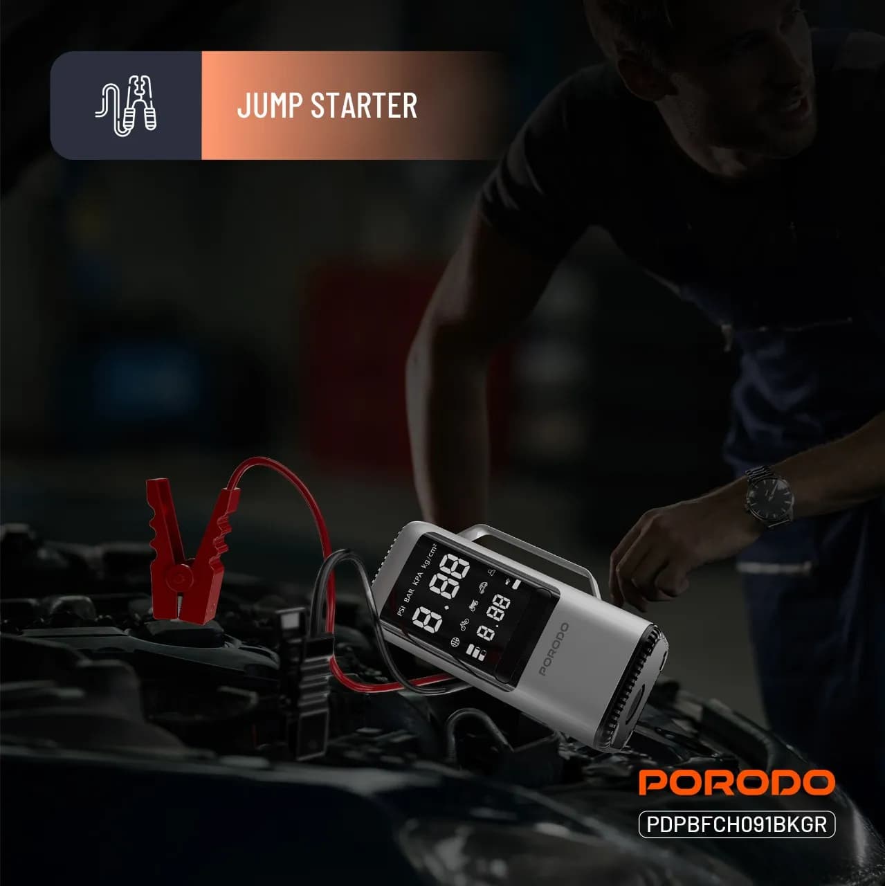 Porodo Multi-Function Power Tool PDPBFCH091BKGR - 6-in-1 Jump Starter, Air Compressor, Power Bank, Black Grey 1