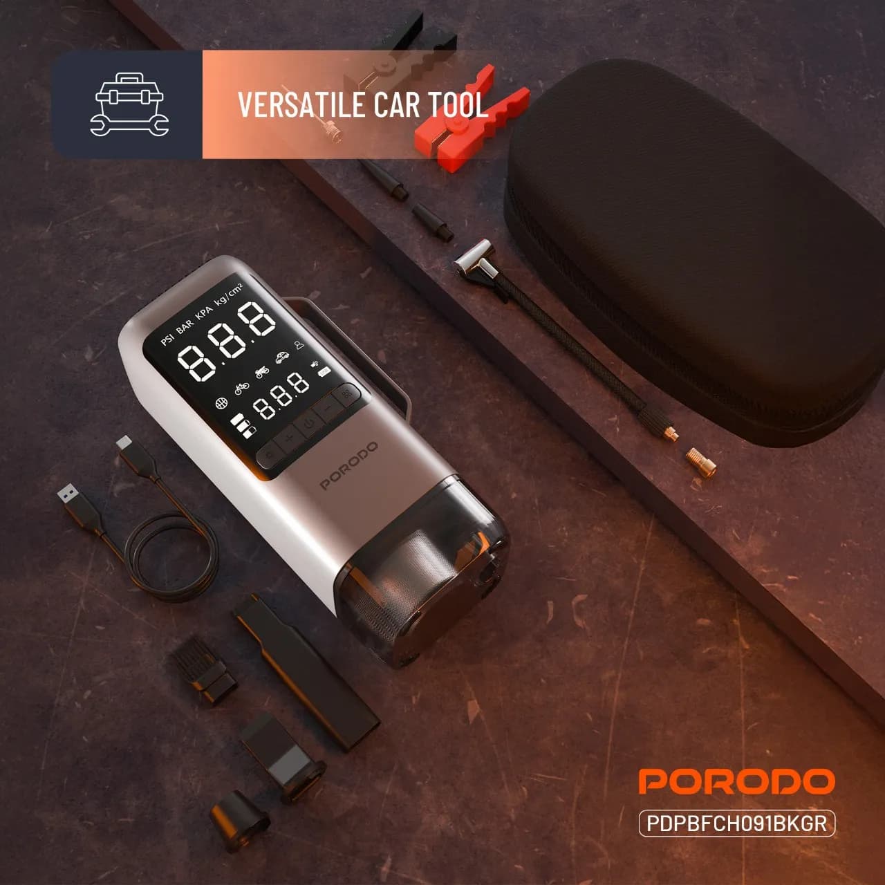 Porodo Multi-Function Power Tool PDPBFCH091BKGR - 6-in-1 Jump Starter, Air Compressor, Power Bank, Black Grey 4