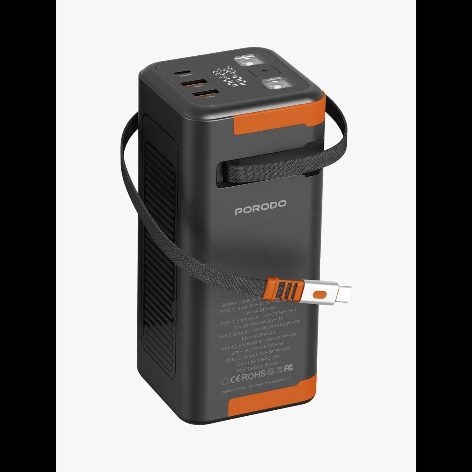 Porodo Power Bank - 50000mAh, Retractable Type-C, Black 3