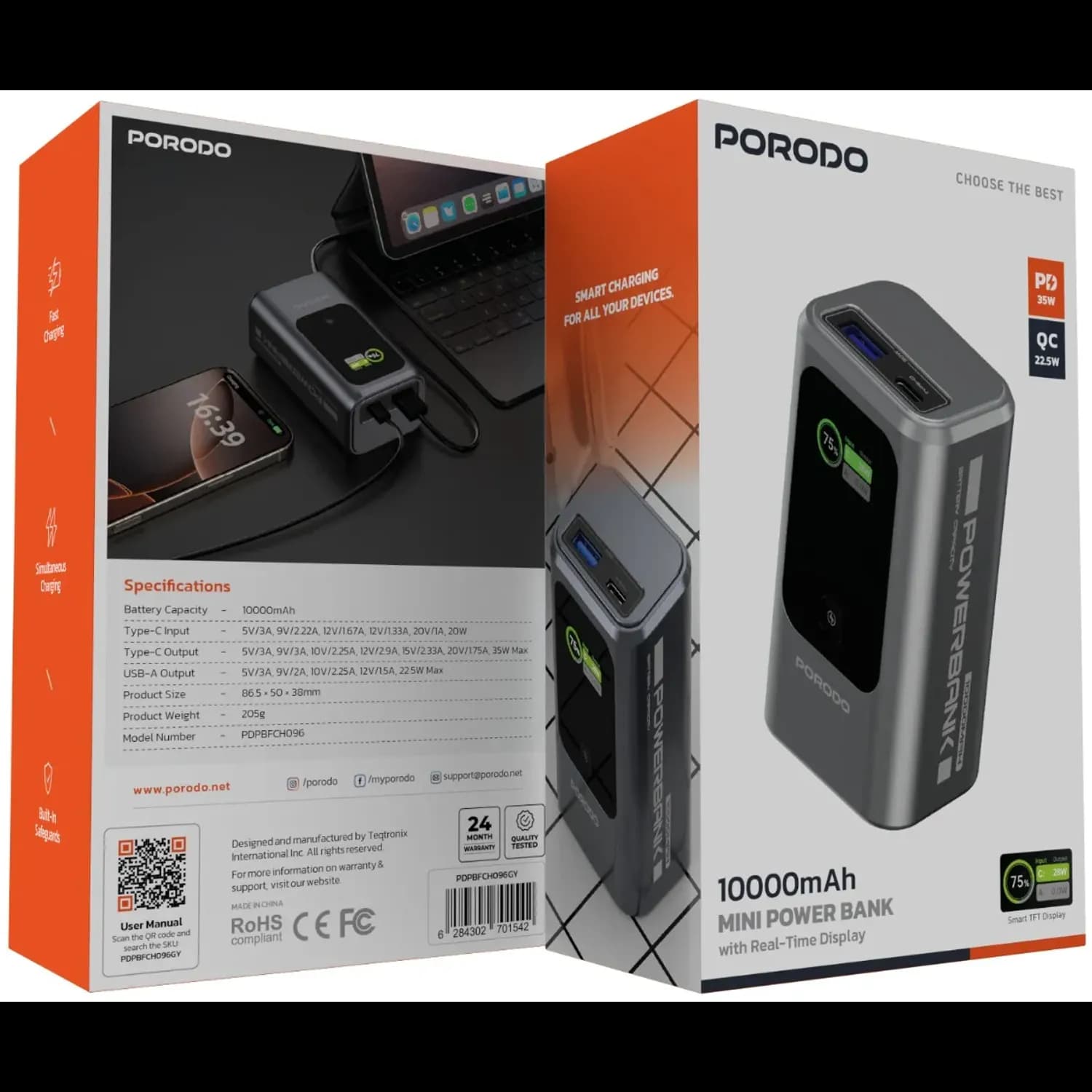 Porodo Power Bank - 10000mAh, Real-Time Display, Grey 4