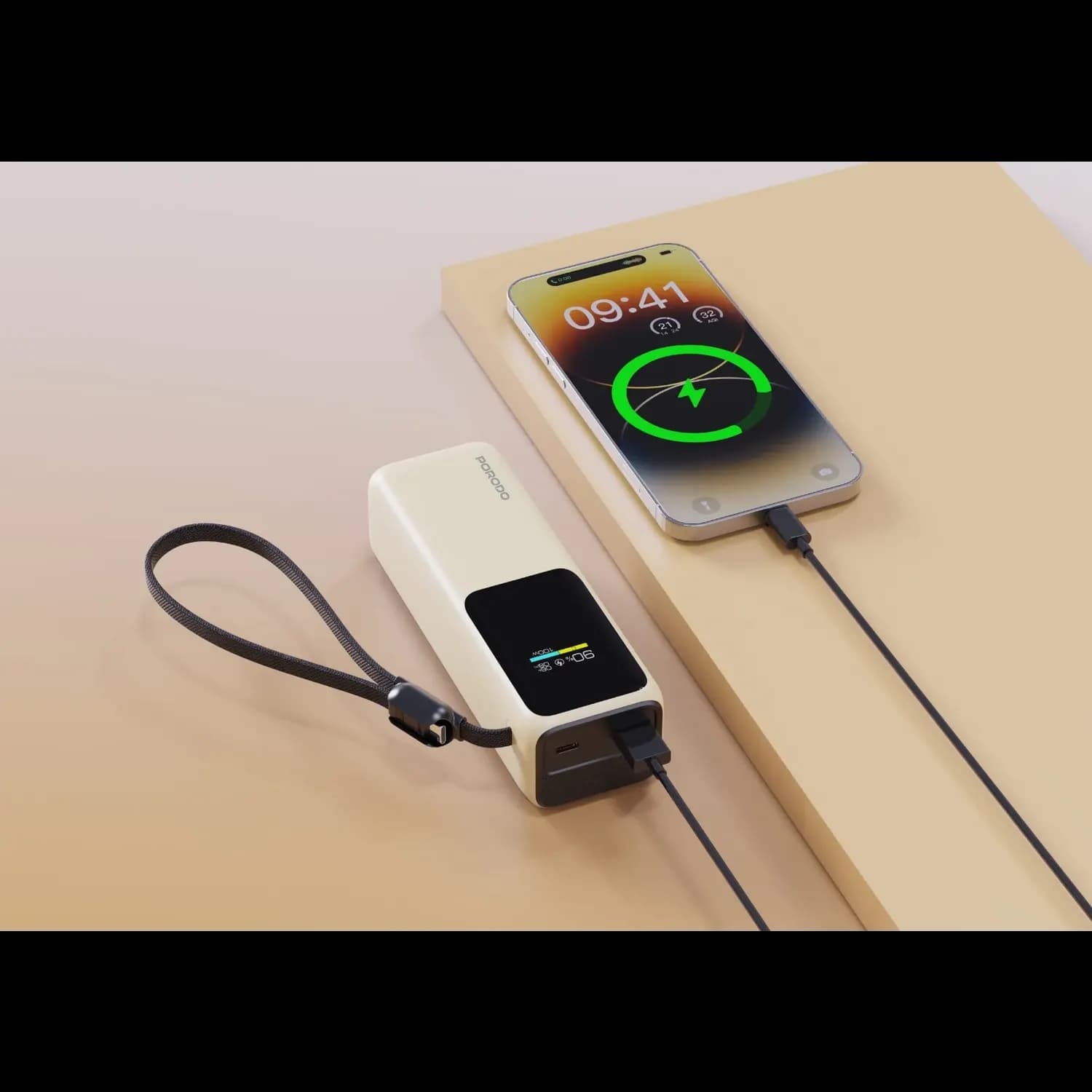 Porodo Power Bank - 20000mAh, Built-In Type-C Cable, Beige 2