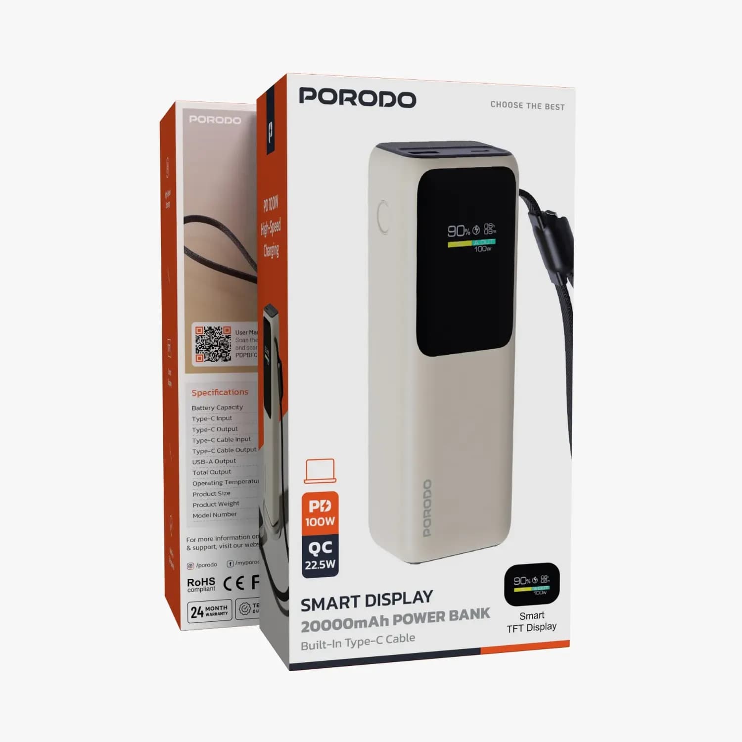 Porodo Power Bank - 20000mAh, Built-In Type-C Cable, Beige 4