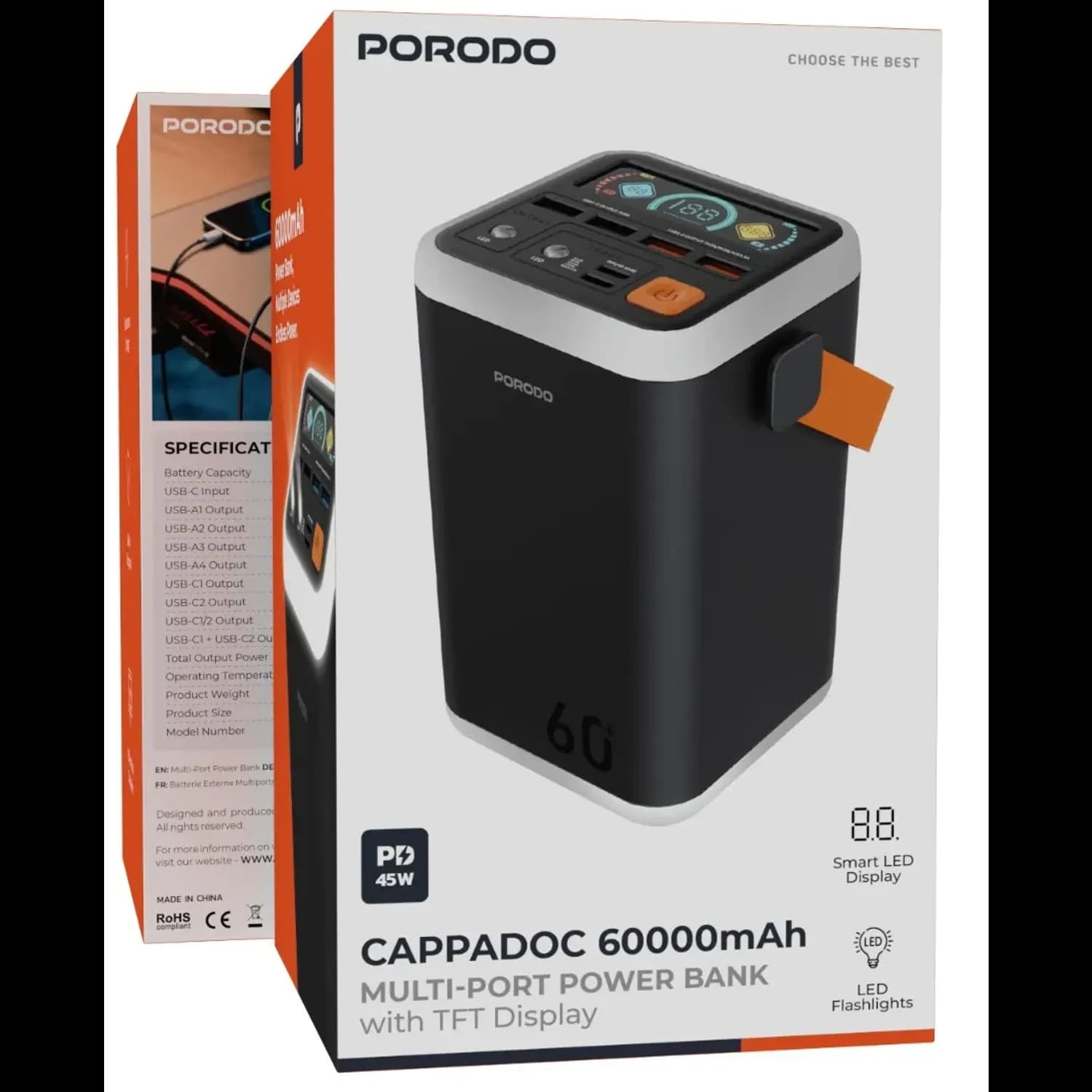 Porodo Power Bank Cappadoc 60000mAh - Multi-Port with TFT Display, Black 3