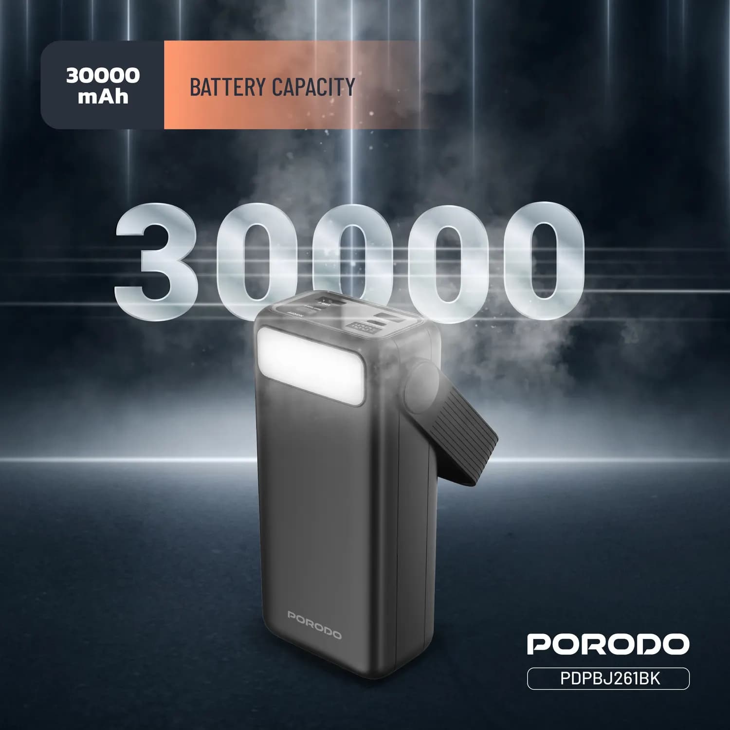Porodo Power Bank Lara - 30000mAh, Integrated Cables & Flashlight, Black 2