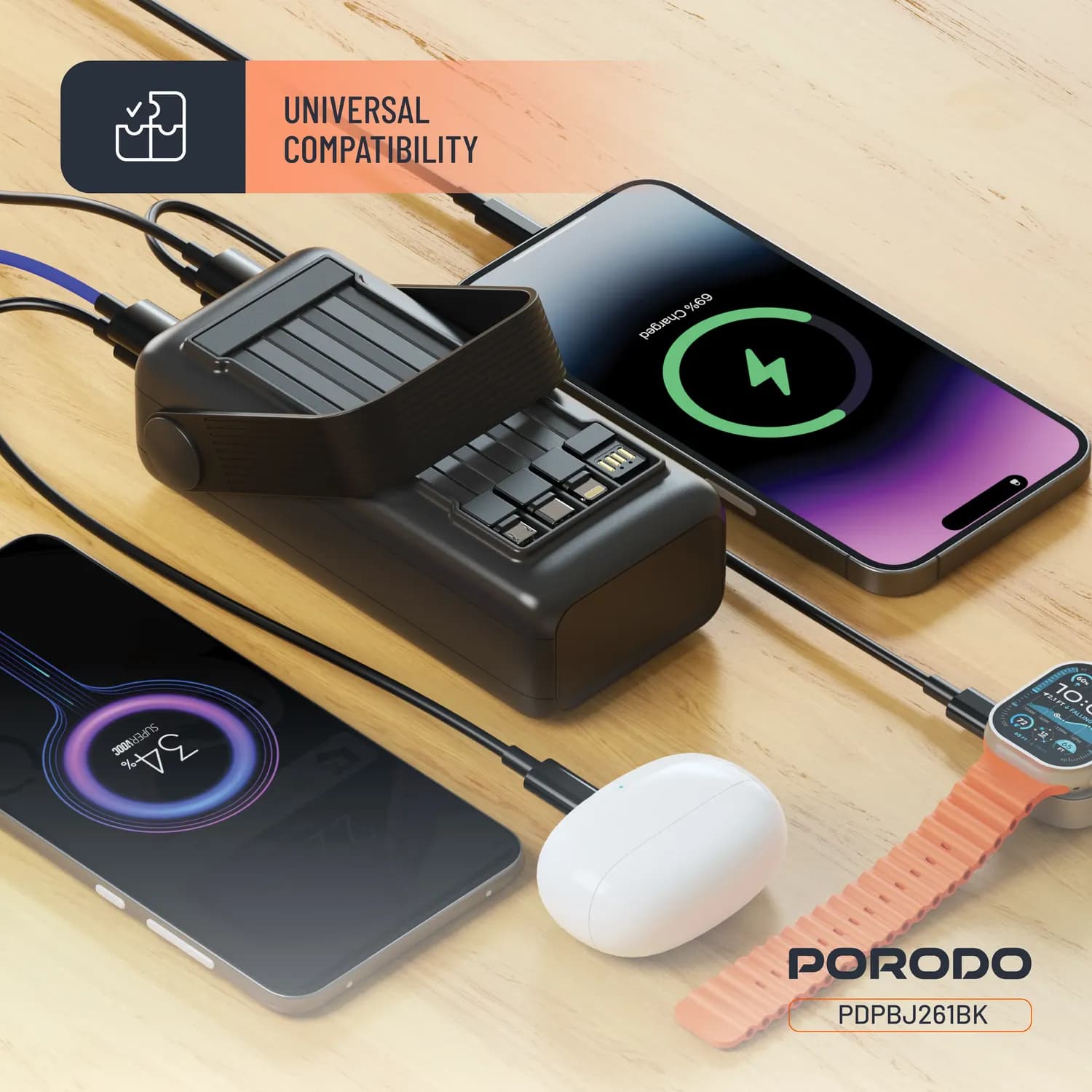 Porodo Power Bank Lara - 30000mAh, Integrated Cables & Flashlight, Black 3
