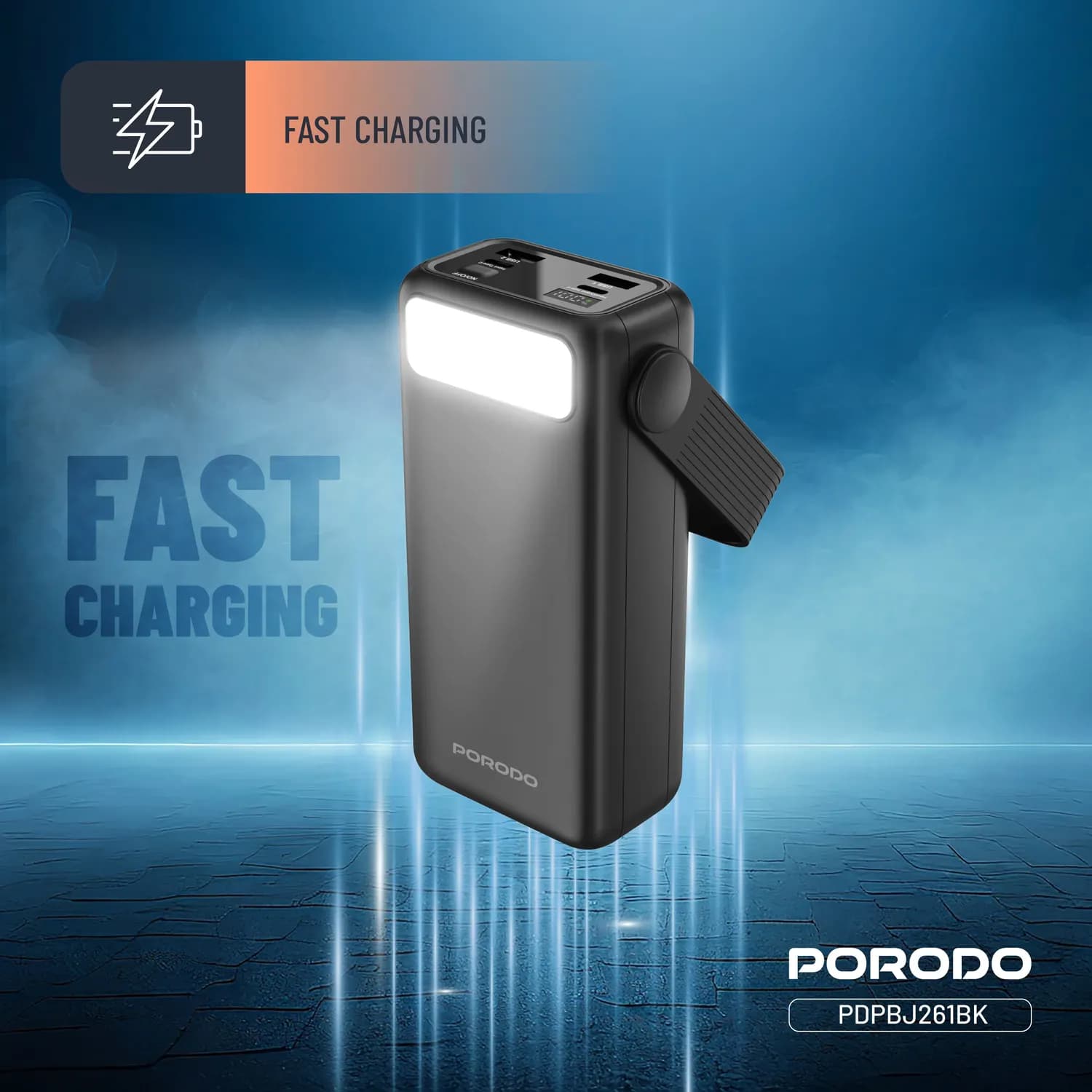 Porodo Power Bank Lara - 30000mAh, Integrated Cables & Flashlight, Black 4
