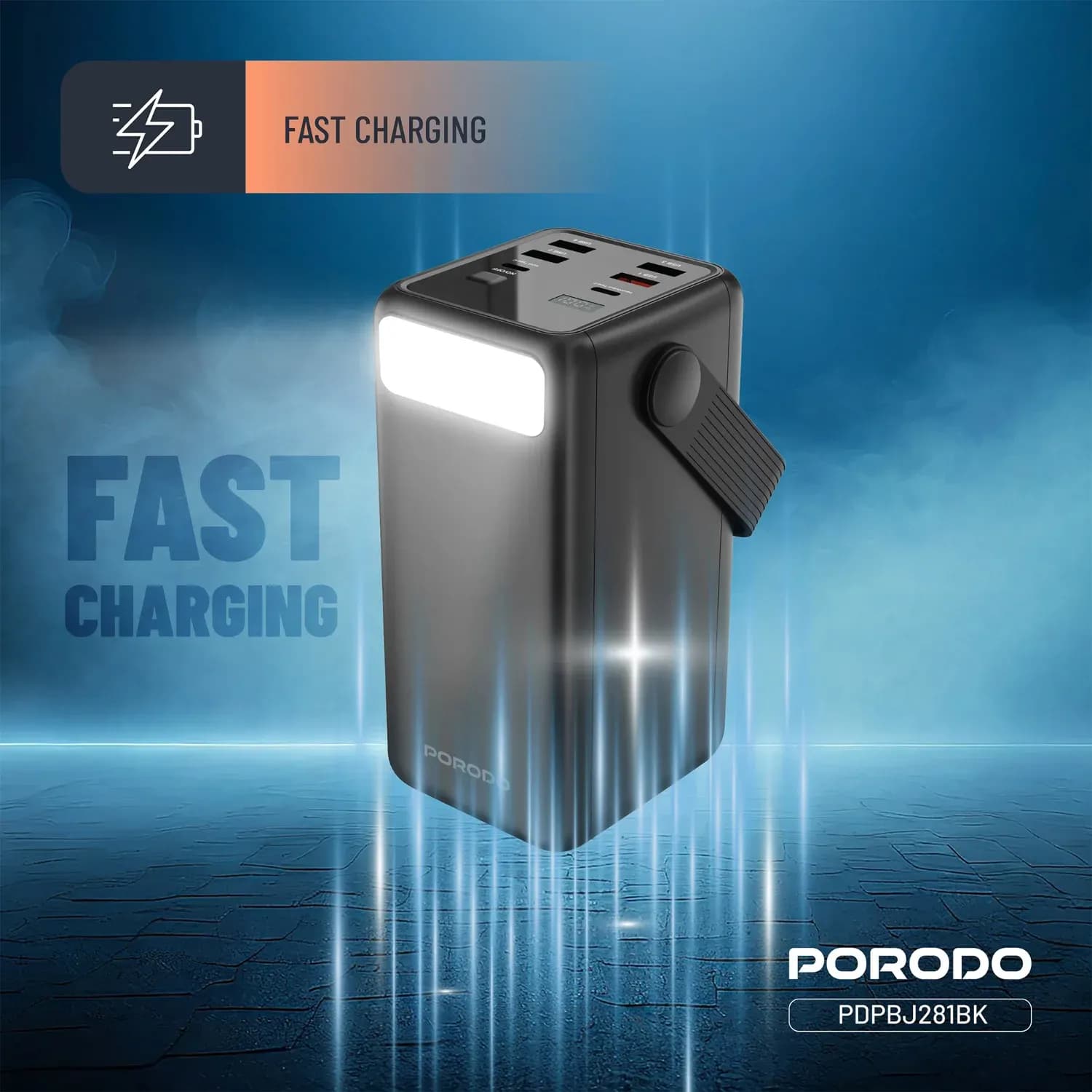 Porodo Lara 50000mAh Power Bank with Integrated Cables & Flashlight, - Black 2