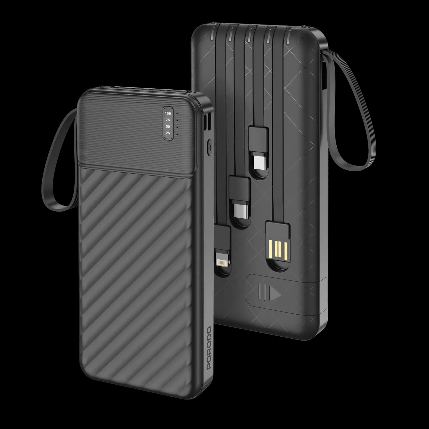 Porodo Power Bank Piano - 10000mAh, Integrated Cables, Black 3