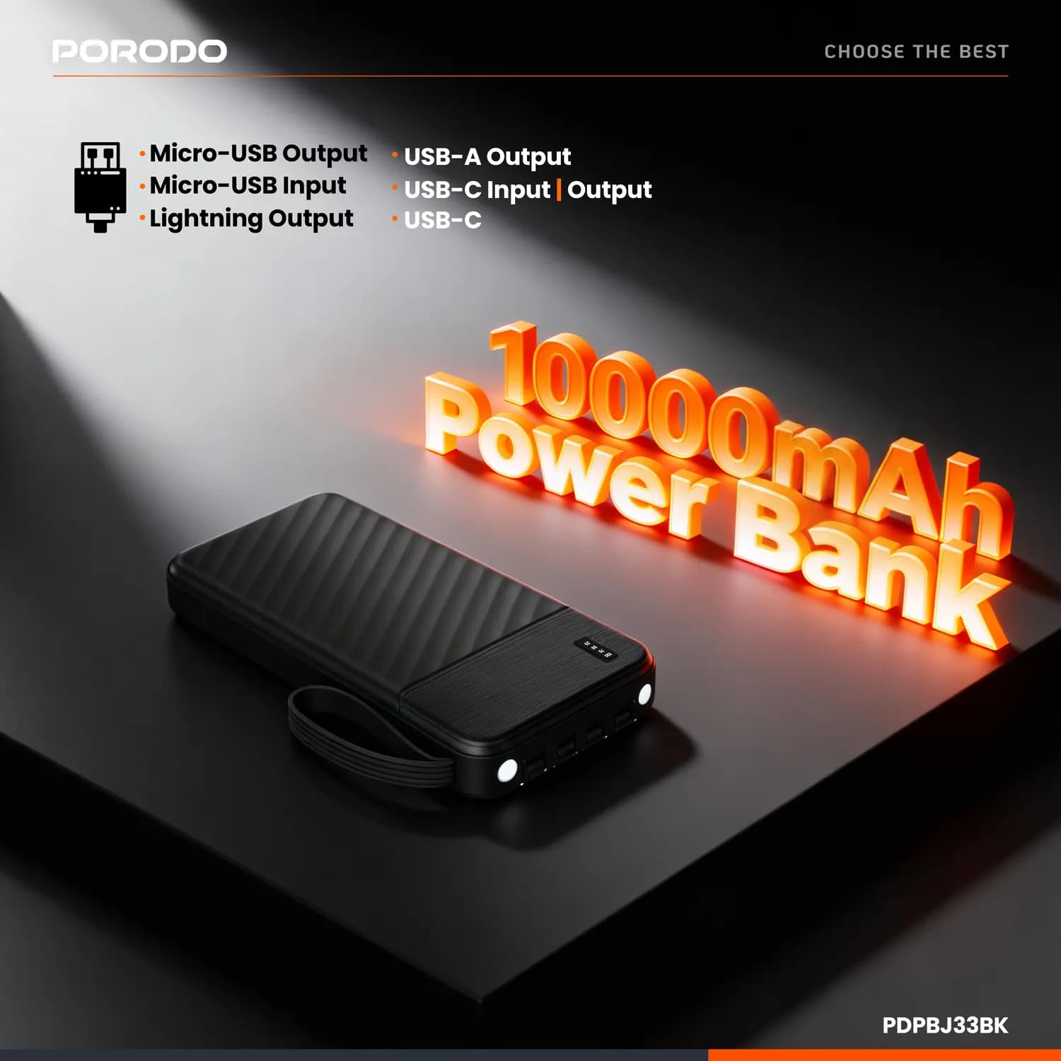 Porodo Power Bank Piano - 10000mAh, Integrated Cables, Black 5