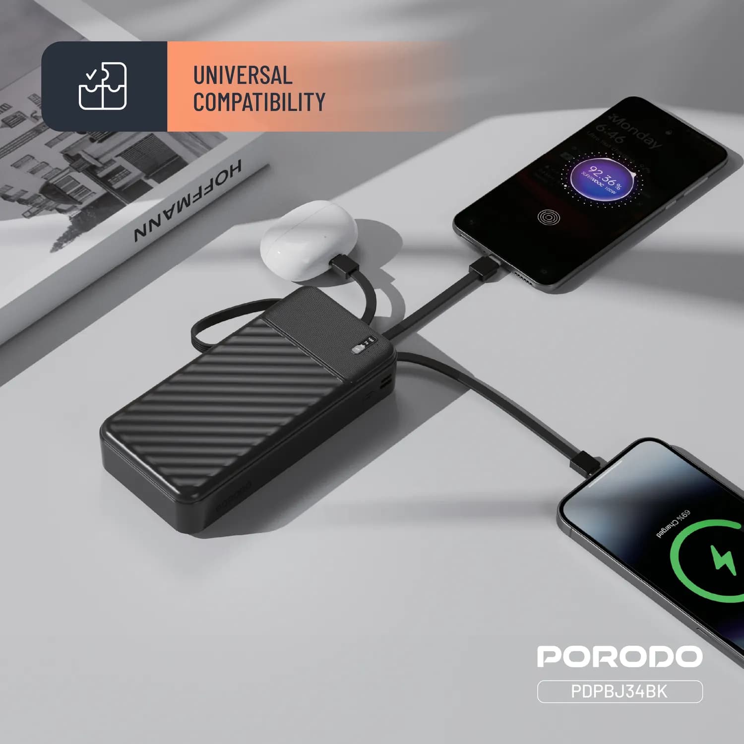 Porodo Power Bank - 20000mAh with Integrated Cables, Black 2