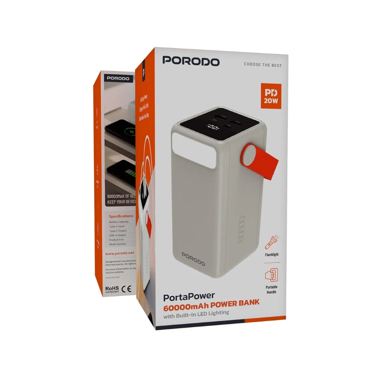 Porodo PortaPower 60000mAh Power Bank with Built-In LED Lighting - Whi 2